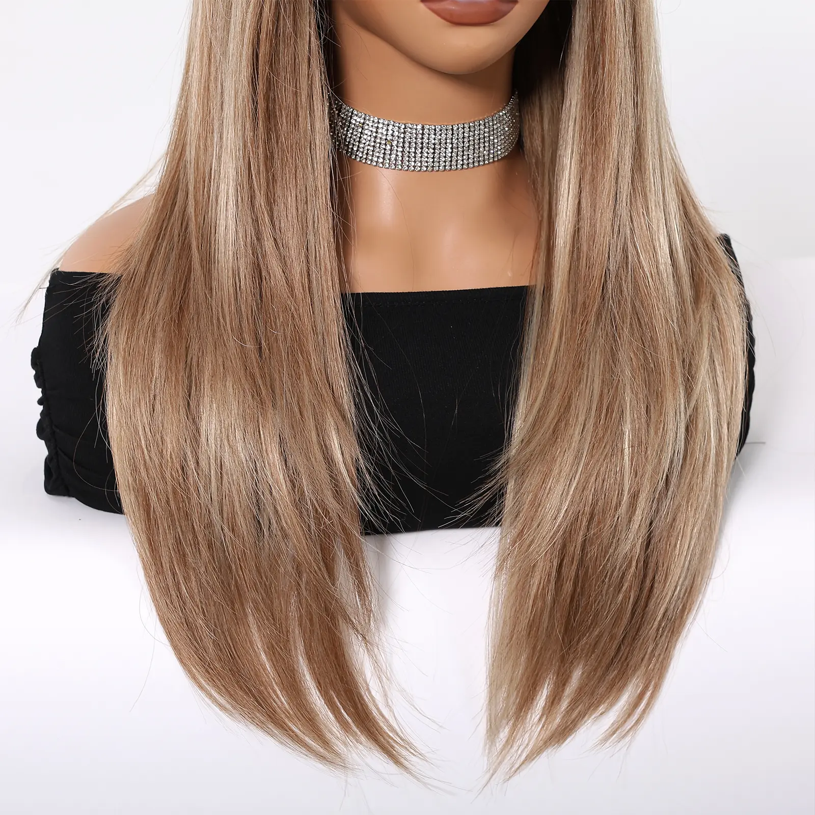 ALAN EATON Chestnut Brown Synthetic Wig with Bangs Long Straight Wig Natural Layered Hair Smooth Soft Daily Wig Heat Resistant