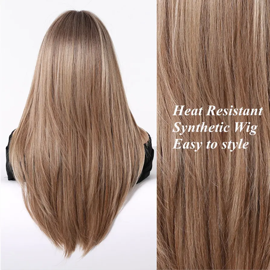 ALAN EATON Chestnut Brown Synthetic Wig with Bangs Long Straight Wig Natural Layered Hair Smooth Soft Daily Wig Heat Resistant