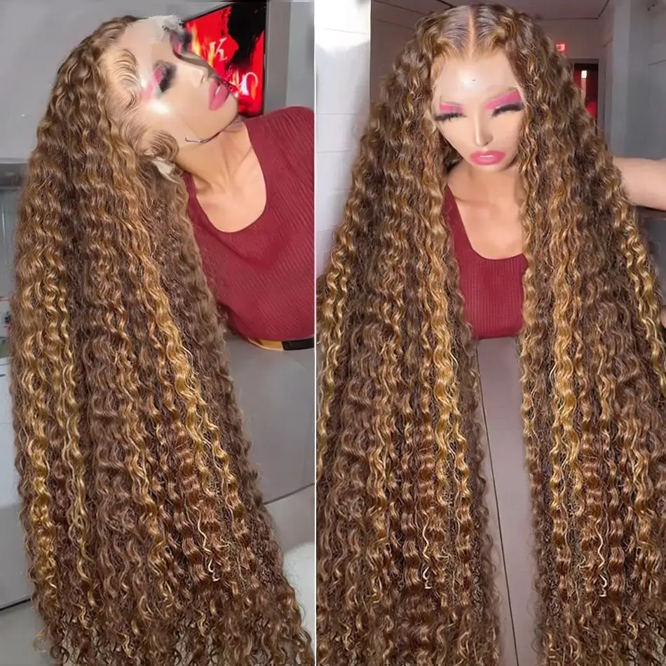 13x6 Highlight Wig Human Hair Deep Wave 40 Inch HD Lace Front Human Hair Wig 200 Density 4/27 Ombre Brown Blonde Lace Front Wigs