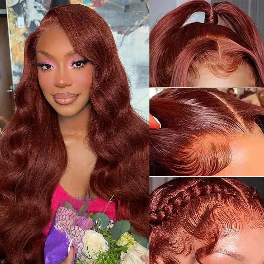 13x4 Reddish Brown Body Wave Lace Frontal Wigs For Women Auburn Brown Colored Synthetic Lace Front Wig Pre-Plucked Daily Use