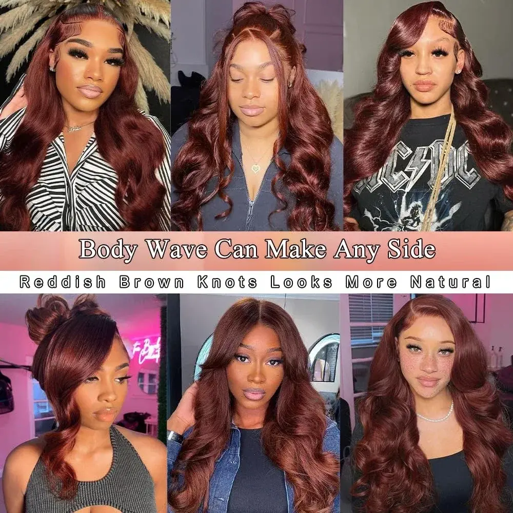 13x4 Reddish Brown Body Wave Lace Frontal Wigs For Women Auburn Brown Colored Synthetic Lace Front Wig Pre-Plucked Daily Use