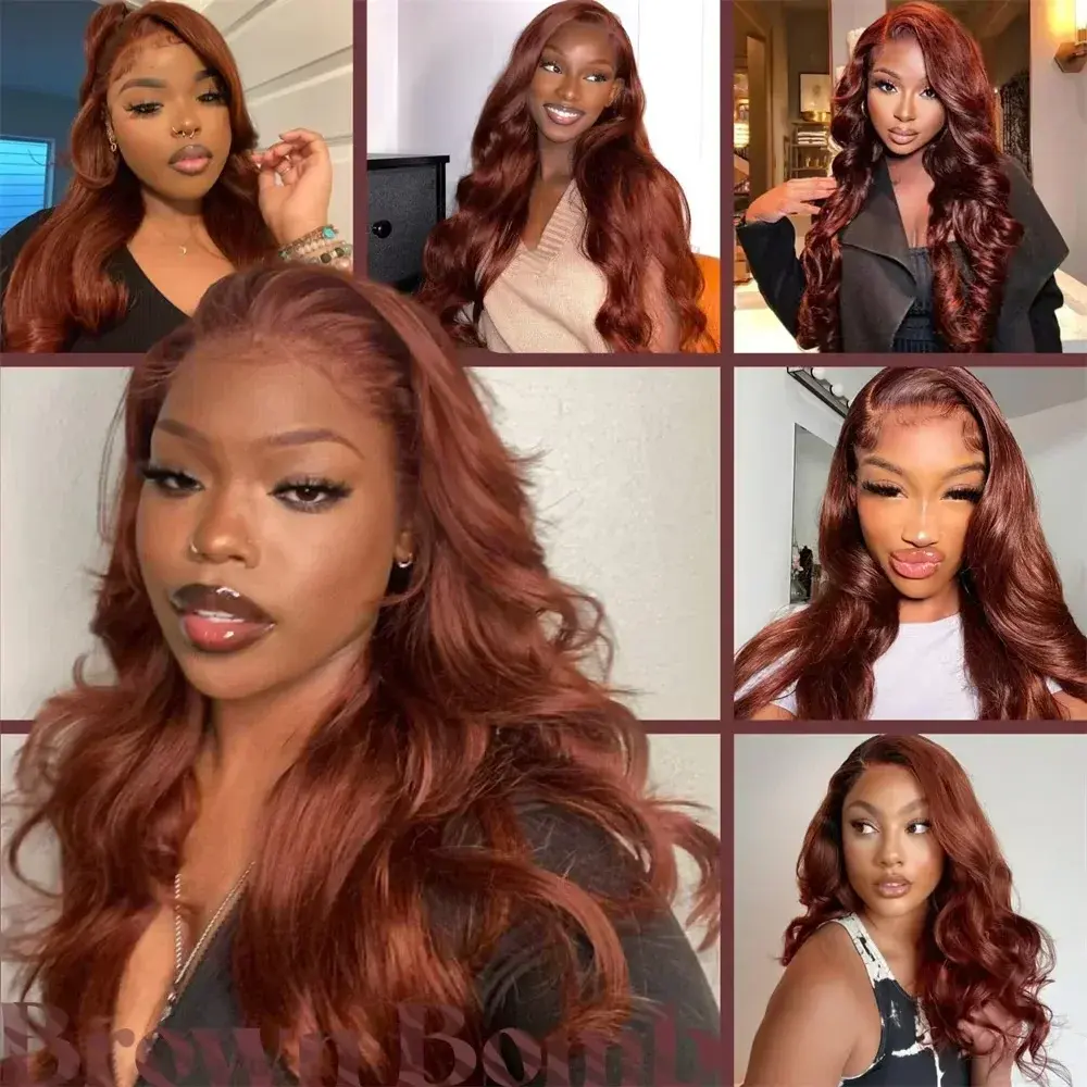 13x4 Reddish Brown Body Wave Lace Frontal Wigs For Women Auburn Brown Colored Synthetic Lace Front Wig Pre-Plucked Daily Use