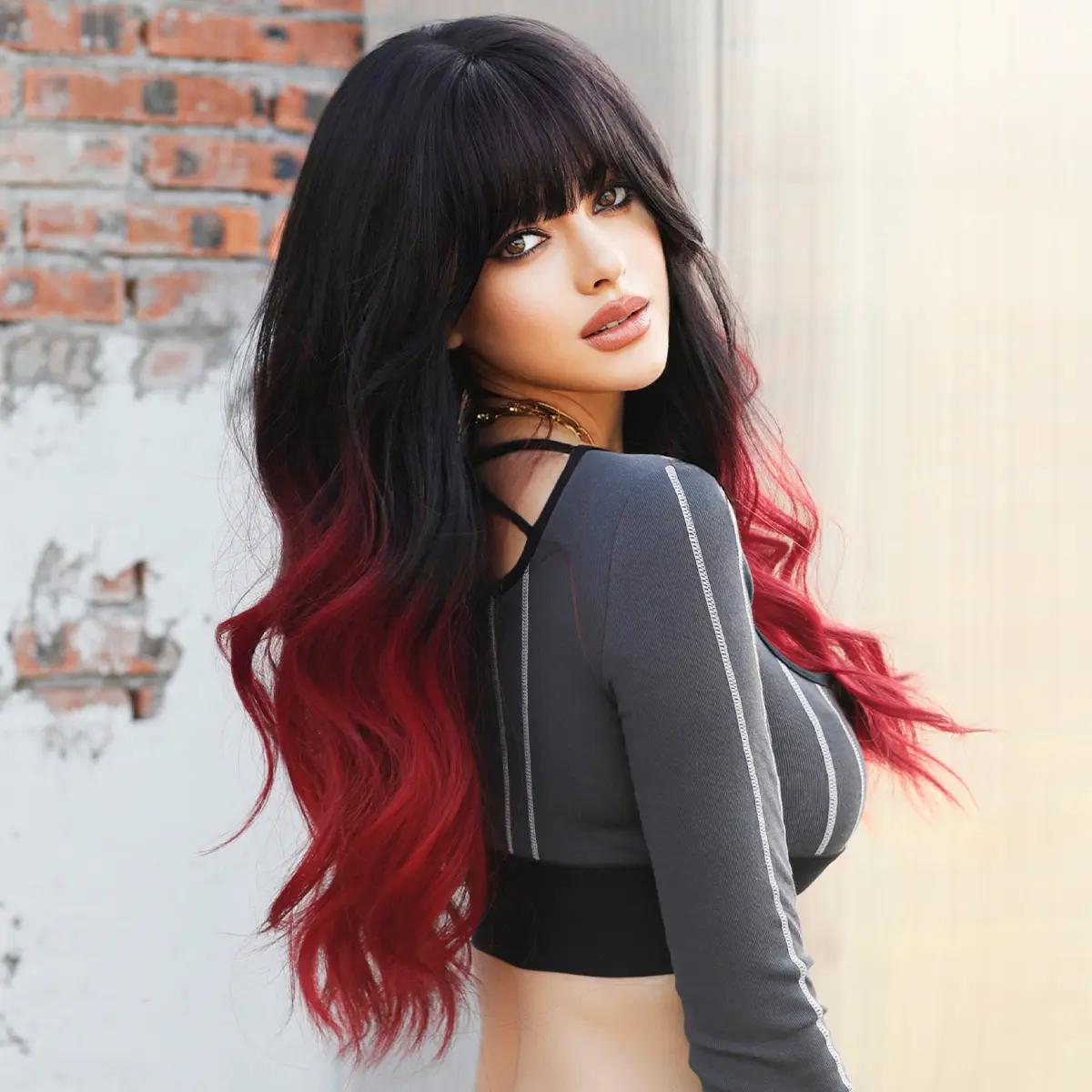 NAMM Long Wavy Ombre Black To Red Wig for Women Daily Cosplay Party Synthetic Lavender Hair Wig with Fluffy Bangs Heat Resistant