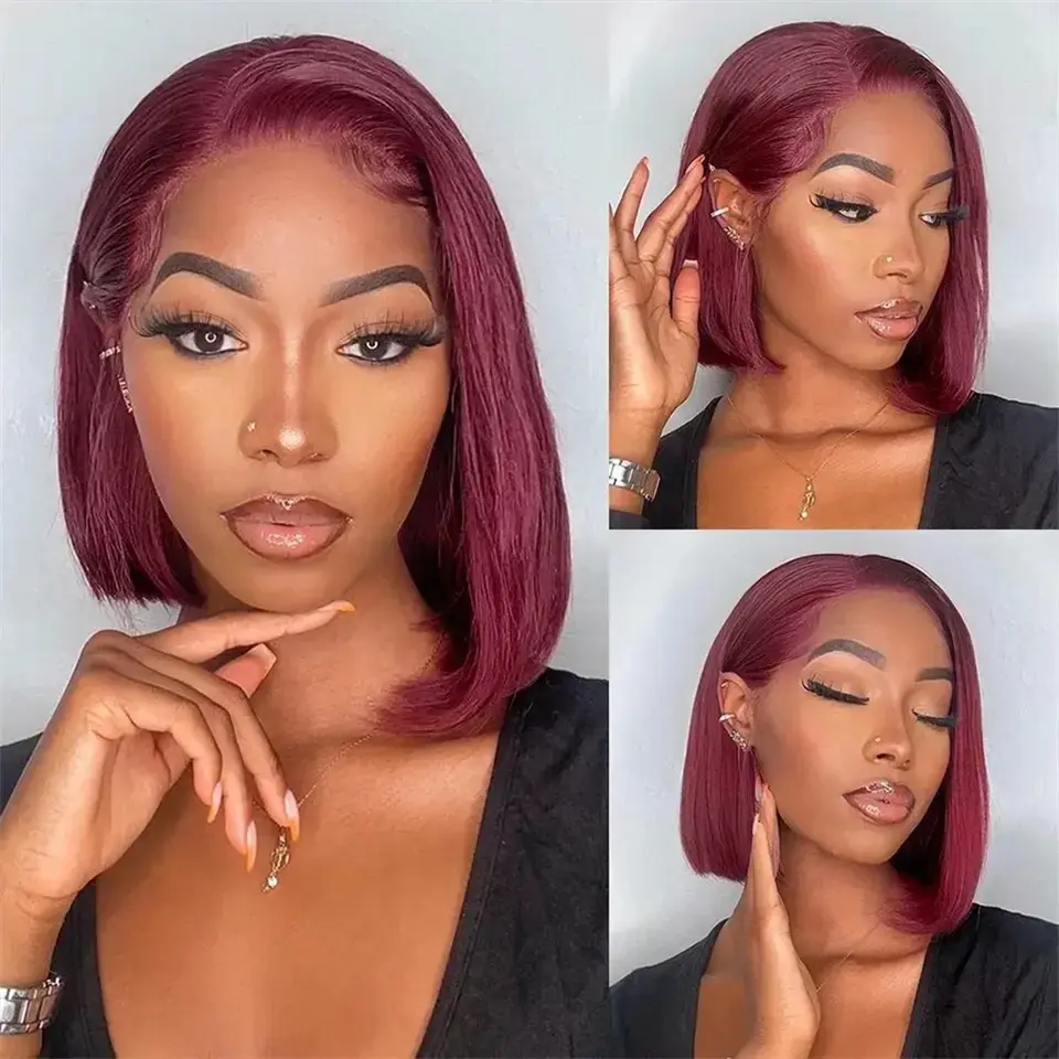 Short Bob Cut 99J Red Burgundy Color Straight 13X4 Lace Front Synthetic Wig For Women Prepluck Bleach Knots Cosplay Daily Party