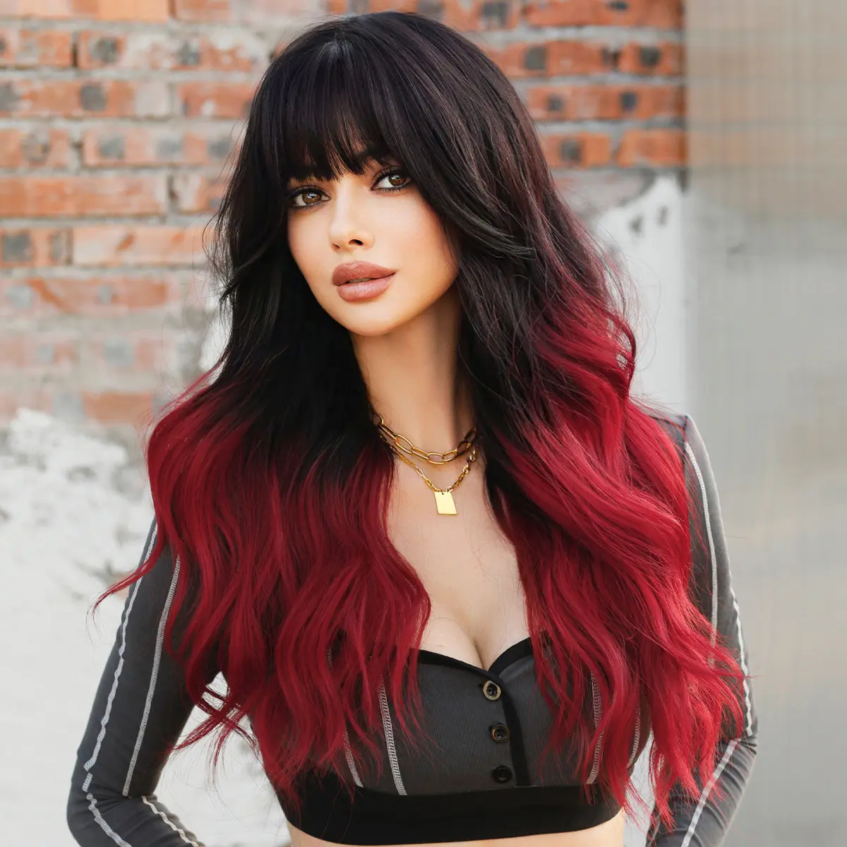 NAMM Long Wavy Ombre Black To Red Wig for Women Daily Cosplay Party Synthetic Lavender Hair Wig with Fluffy Bangs Heat Resistant