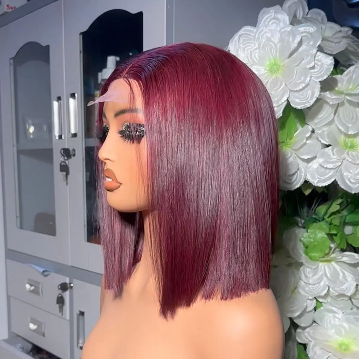 Short Bob Cut 99J Red Burgundy Color Straight 13X4 Lace Front Synthetic Wig For Women Prepluck Bleach Knots Cosplay Daily Party