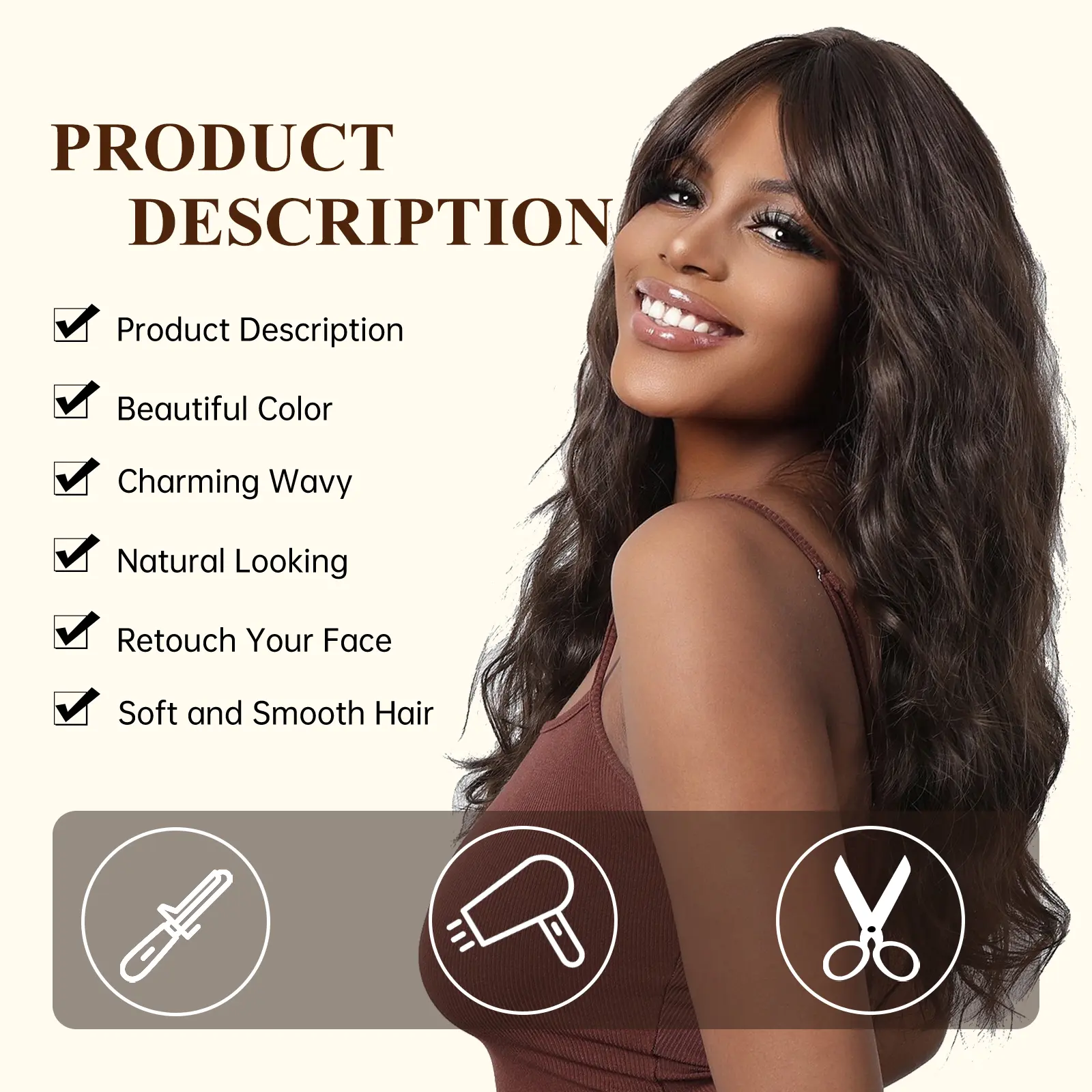 Long Curly Black Brown Synthetic Wigs with Bangs for Women Afro Deep Wave Cosplay Daily Use Natural Hair Heat Reisitant Fiber