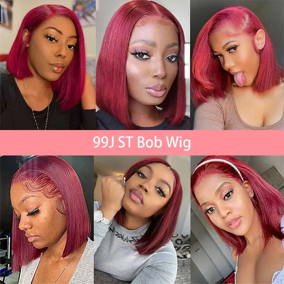 Short Bob Cut 99J Red Burgundy Color Straight 13X4 Lace Front Synthetic Wig For Women Prepluck Bleach Knots Cosplay Daily Party