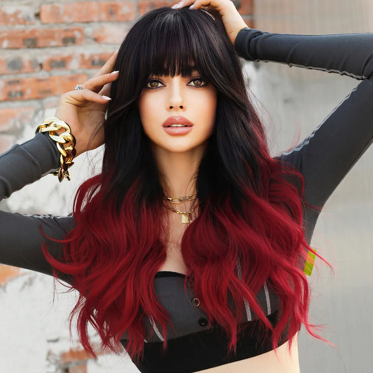 NAMM Long Wavy Ombre Black To Red Wig for Women Daily Cosplay Party Synthetic Lavender Hair Wig with Fluffy Bangs Heat Resistant
