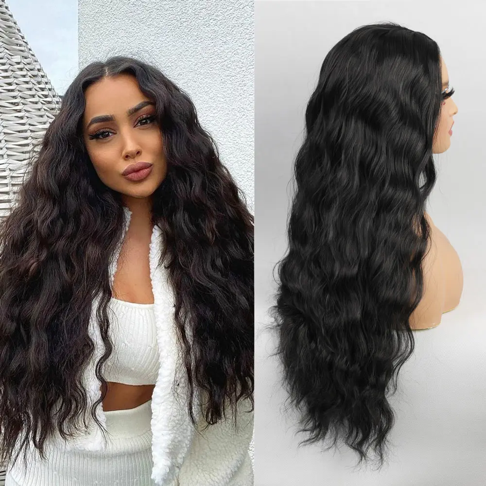 Long Deep Wave Wig Black Natural Soft Middle Part Female Hair Wig for Black Women Daily Party Use Synthetic Heat Resistant Wigs