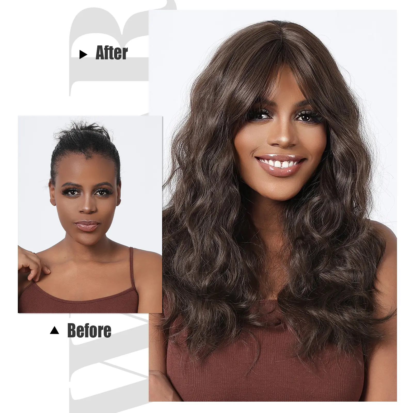 Long Curly Black Brown Synthetic Wigs with Bangs for Women Afro Deep Wave Cosplay Daily Use Natural Hair Heat Reisitant Fiber