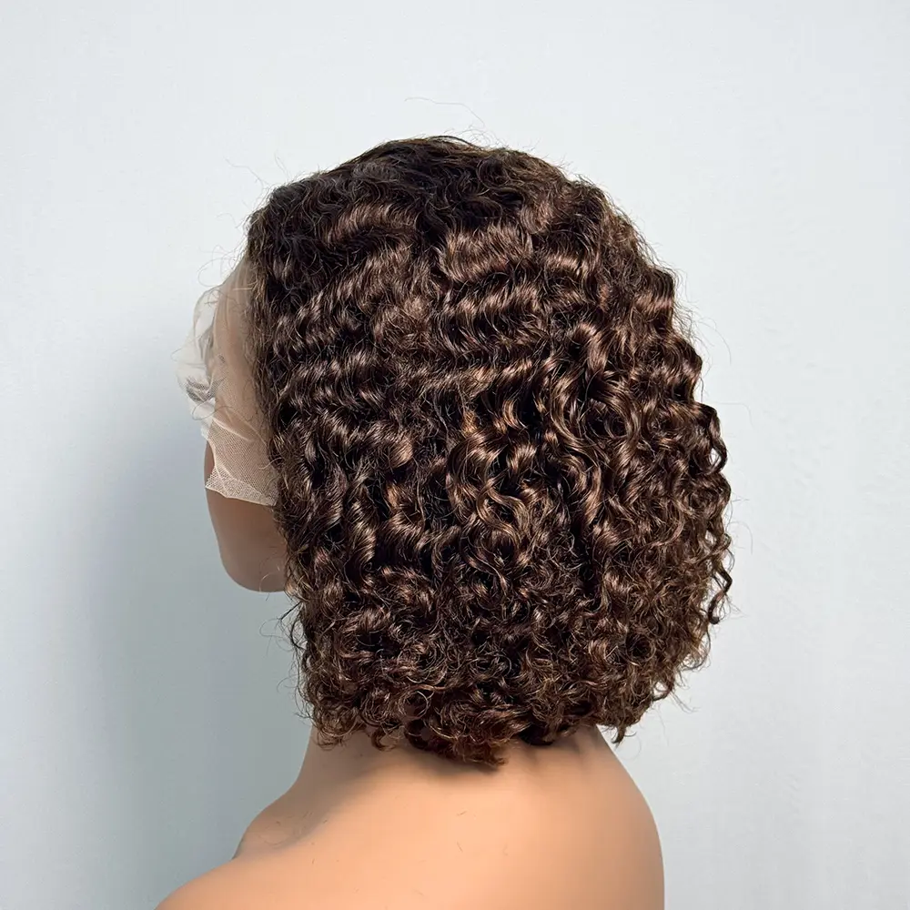 250% Density Double Drawn 12A 10 Inches Bob Pixie Cut Water Wave Curly Human Hair Wig 13x4 Transparent Lace Front Human Hair Wig
