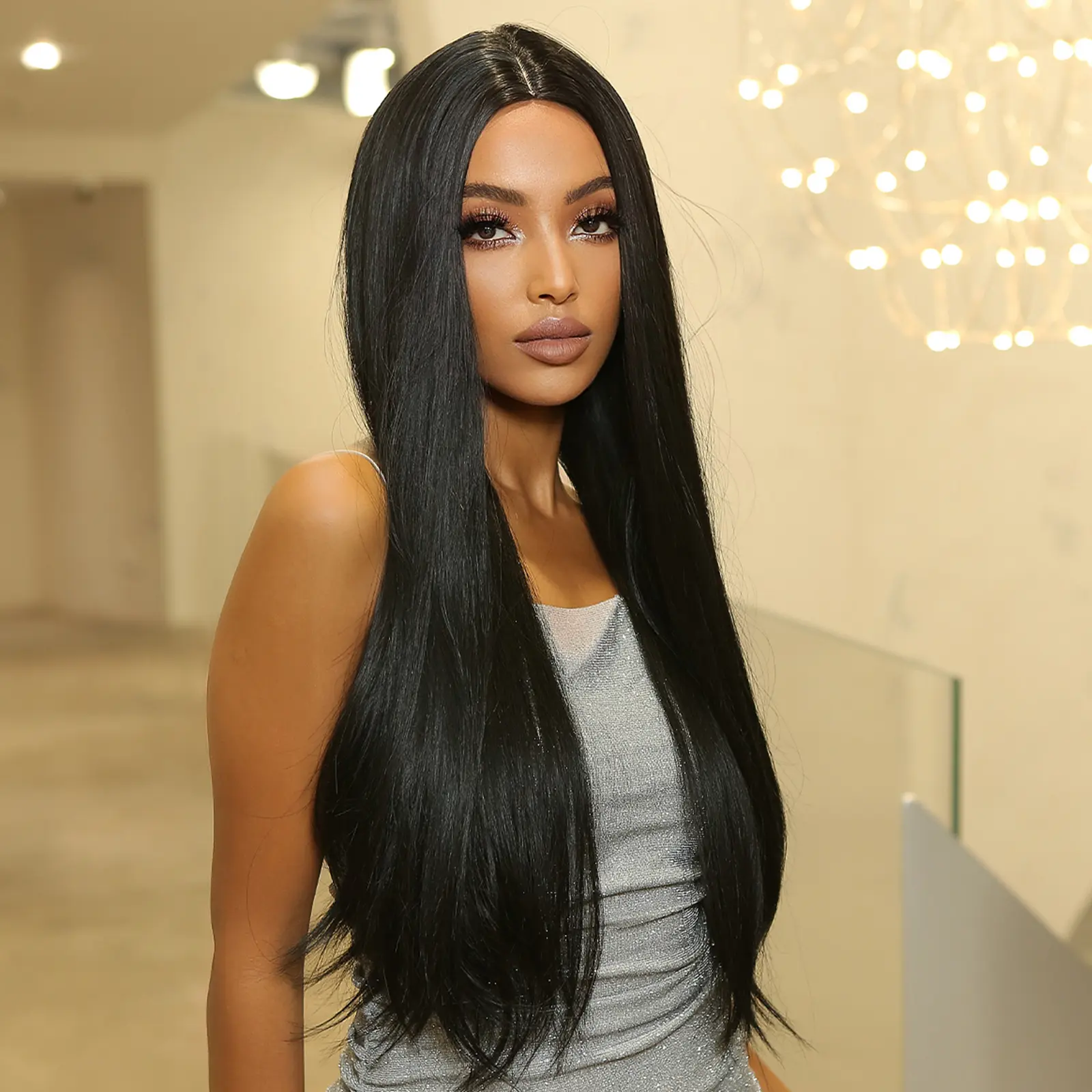 Long Dark Straight Synthetic Wigs Natural Black Fake Hair Wig Middle Part for Women Afro Daily Party Cosplay Heat Resistant Use