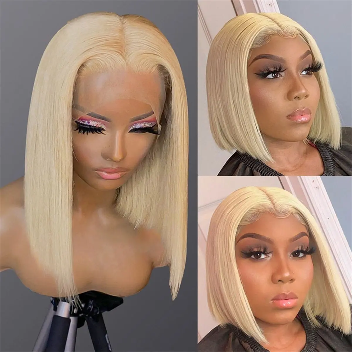 200% #613 Bob Honey Blonde Straight Blonde 13x4 Lace Frontal Wigs HD Transparent Brazilian Pre Plucked Lace Front Human Hair Wig