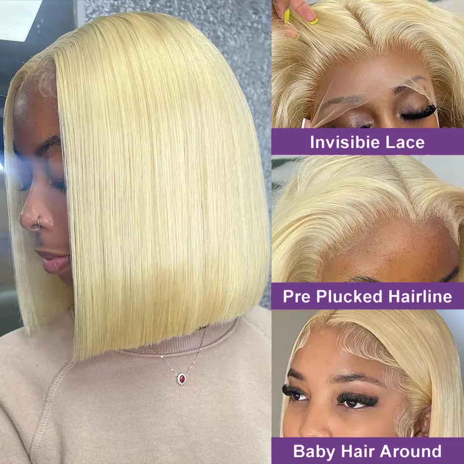 200% #613 Bob Honey Blonde Straight Blonde 13x4 Lace Frontal Wigs HD Transparent Brazilian Pre Plucked Lace Front Human Hair Wig