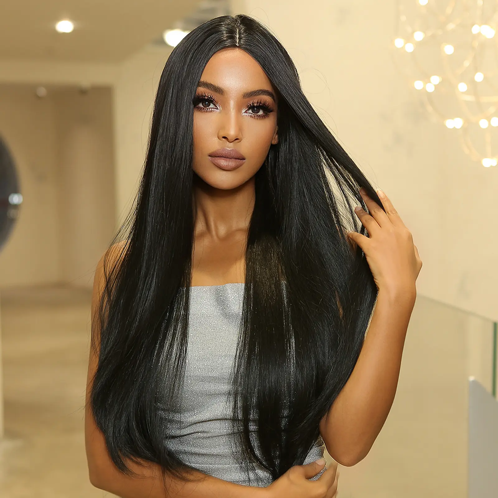 Long Dark Straight Synthetic Wigs Natural Black Fake Hair Wig Middle Part for Women Afro Daily Party Cosplay Heat Resistant Use