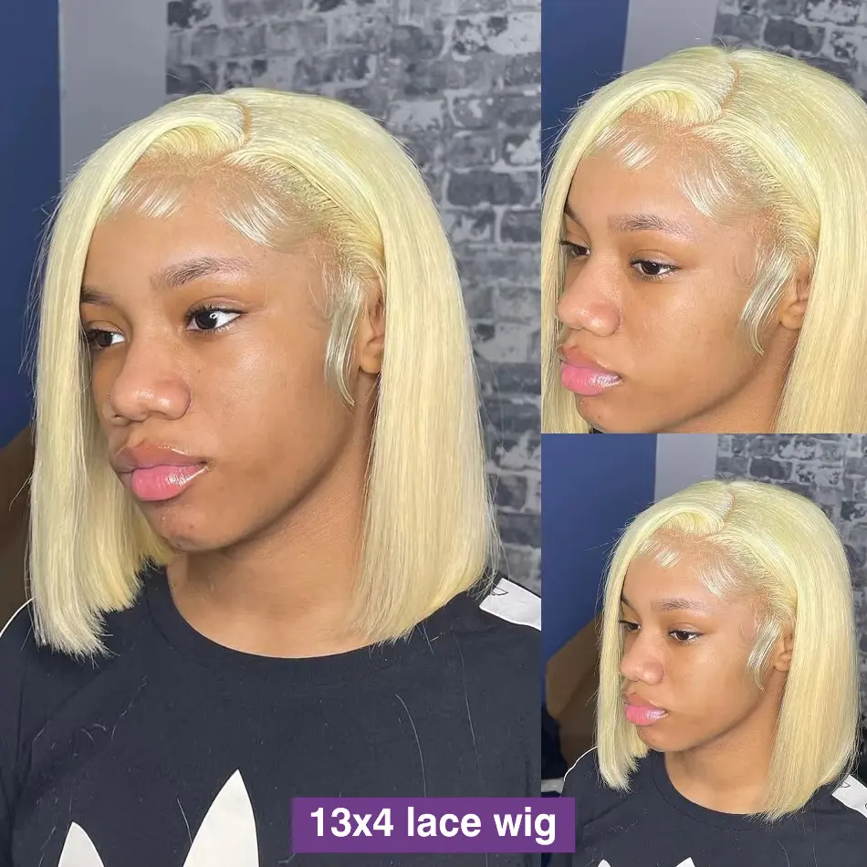 200% #613 Bob Honey Blonde Straight Blonde 13x4 Lace Frontal Wigs HD Transparent Brazilian Pre Plucked Lace Front Human Hair Wig