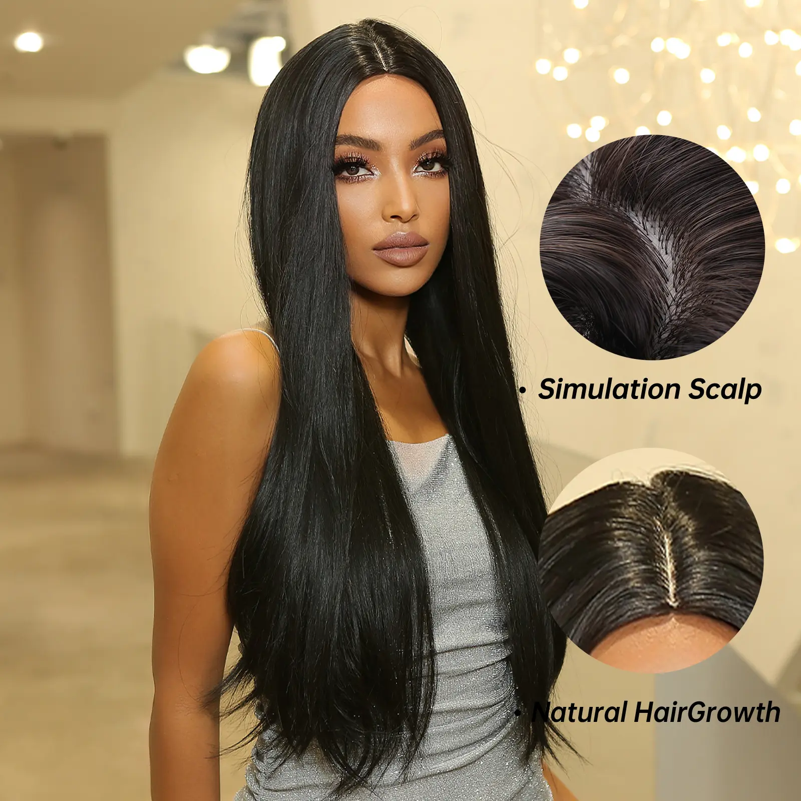 Long Dark Straight Synthetic Wigs Natural Black Fake Hair Wig Middle Part for Women Afro Daily Party Cosplay Heat Resistant Use