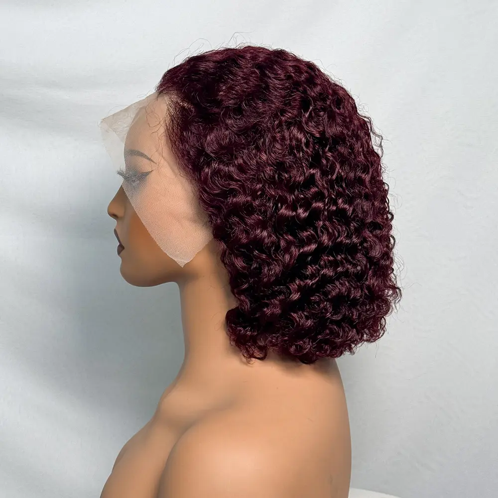 250% Density Double Drawn 12A 10 Inches Bob Pixie Cut Water Wave Curly Human Hair Wig 13x4 Transparent Lace Front Human Hair Wig