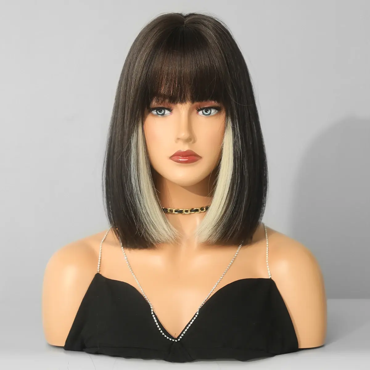 NAMM Highlight Straight Bob Wig for Woman Daily Party Cosplay Wig Synthetic Black and White Hair Wigs with Bangs Heat Resistant