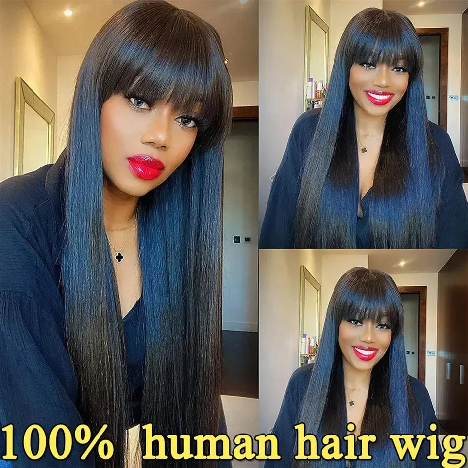 3x1 Middle Part Lace Wig Bone Straight Wigs Brazilian Full Machine Made 100% Human Hair Natural Black Wig with Bangs for Women