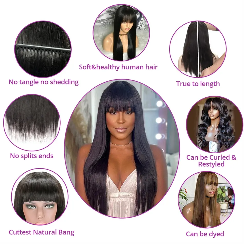 3x1 Middle Part Lace Wig Bone Straight Wigs Brazilian Full Machine Made 100% Human Hair Natural Black Wig with Bangs for Women