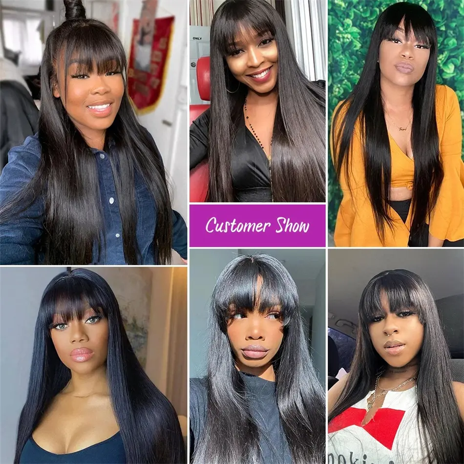 3x1 Middle Part Lace Wig Bone Straight Wigs Brazilian Full Machine Made 100% Human Hair Natural Black Wig with Bangs for Women