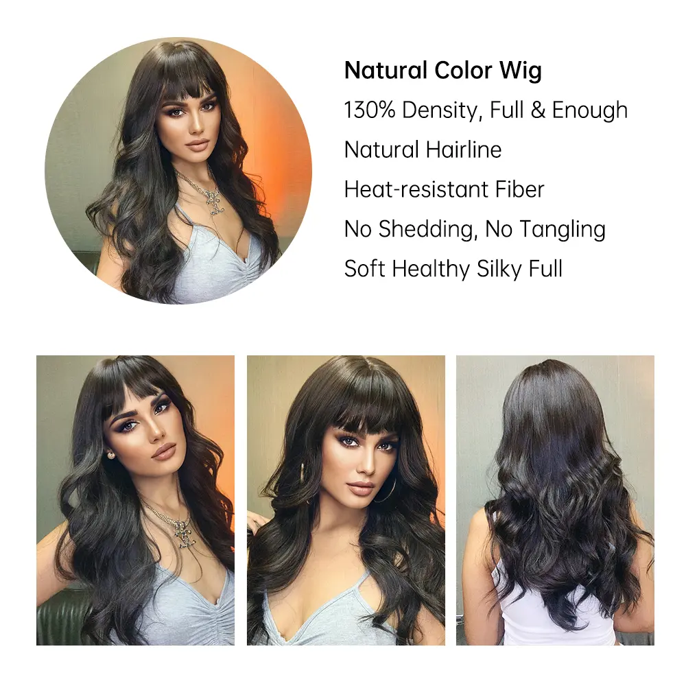 Natural Black Long Wave Wigs Curly Synthetic Wigs With Bangs for Women Birthday Festival Party Daily Cosplay Use Heat Resistant