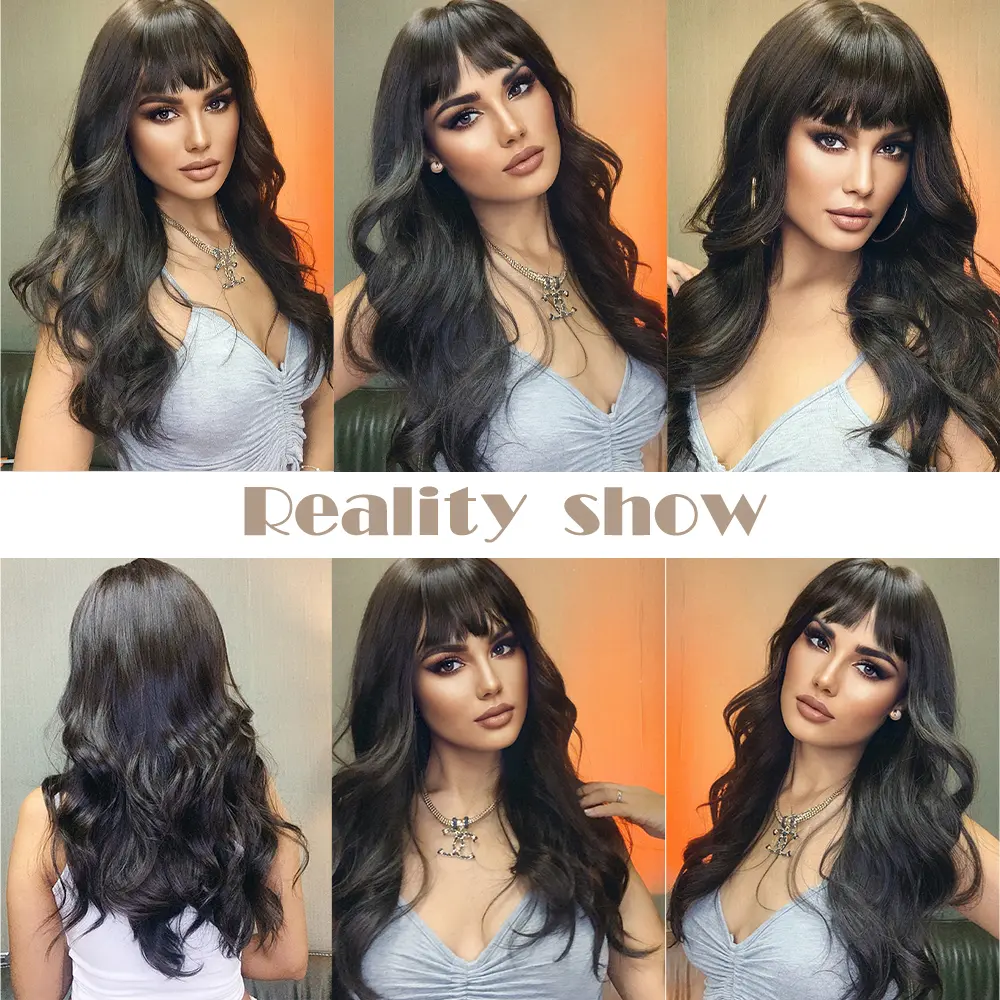 Natural Black Long Wave Wigs Curly Synthetic Wigs With Bangs for Women Birthday Festival Party Daily Cosplay Use Heat Resistant