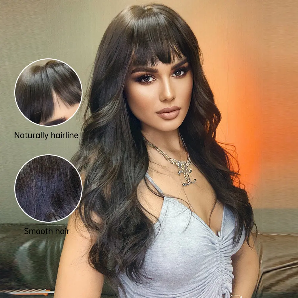 Natural Black Long Wave Wigs Curly Synthetic Wigs With Bangs for Women Birthday Festival Party Daily Cosplay Use Heat Resistant