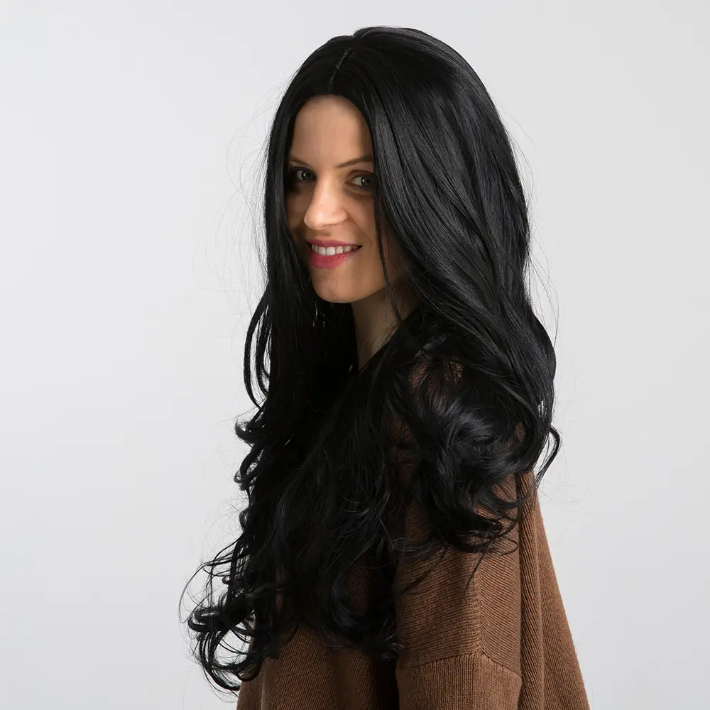 LOUIS FERRE Long Black Synthetic Women's Wig Natural Wave Middle Part Cosplay Wig for Women African American Hair Heat Resistant