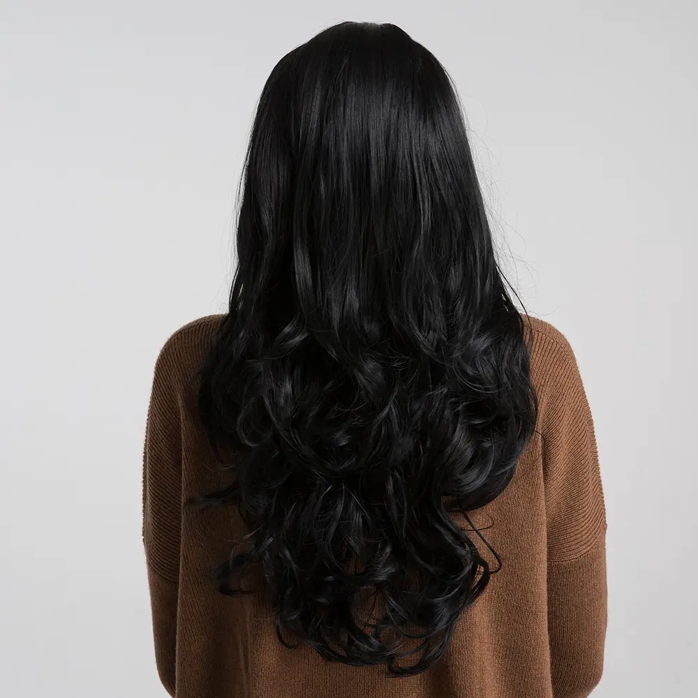LOUIS FERRE Long Black Synthetic Women's Wig Natural Wave Middle Part Cosplay Wig for Women African American Hair Heat Resistant