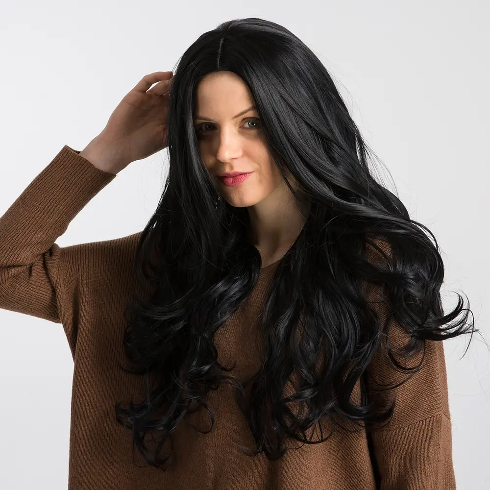LOUIS FERRE Long Black Synthetic Women's Wig Natural Wave Middle Part Cosplay Wig for Women African American Hair Heat Resistant