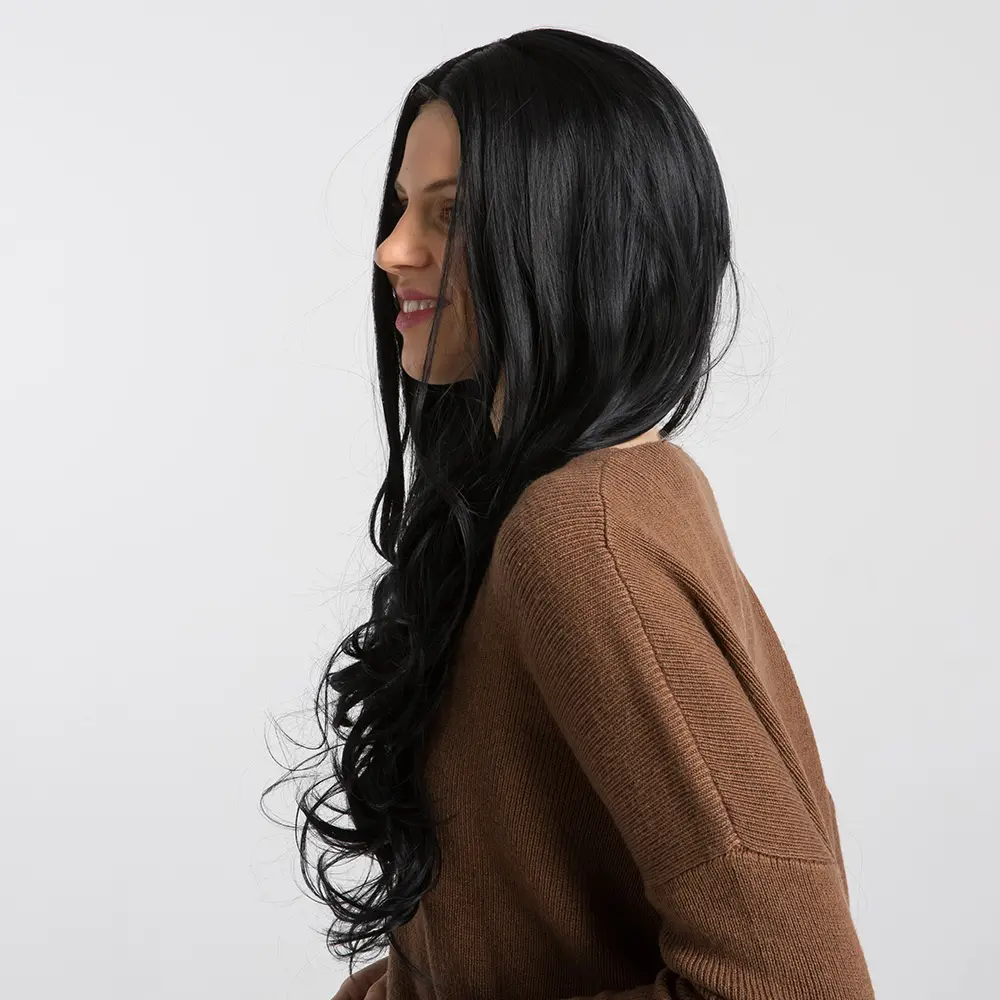 LOUIS FERRE Long Black Synthetic Women's Wig Natural Wave Middle Part Cosplay Wig for Women African American Hair Heat Resistant
