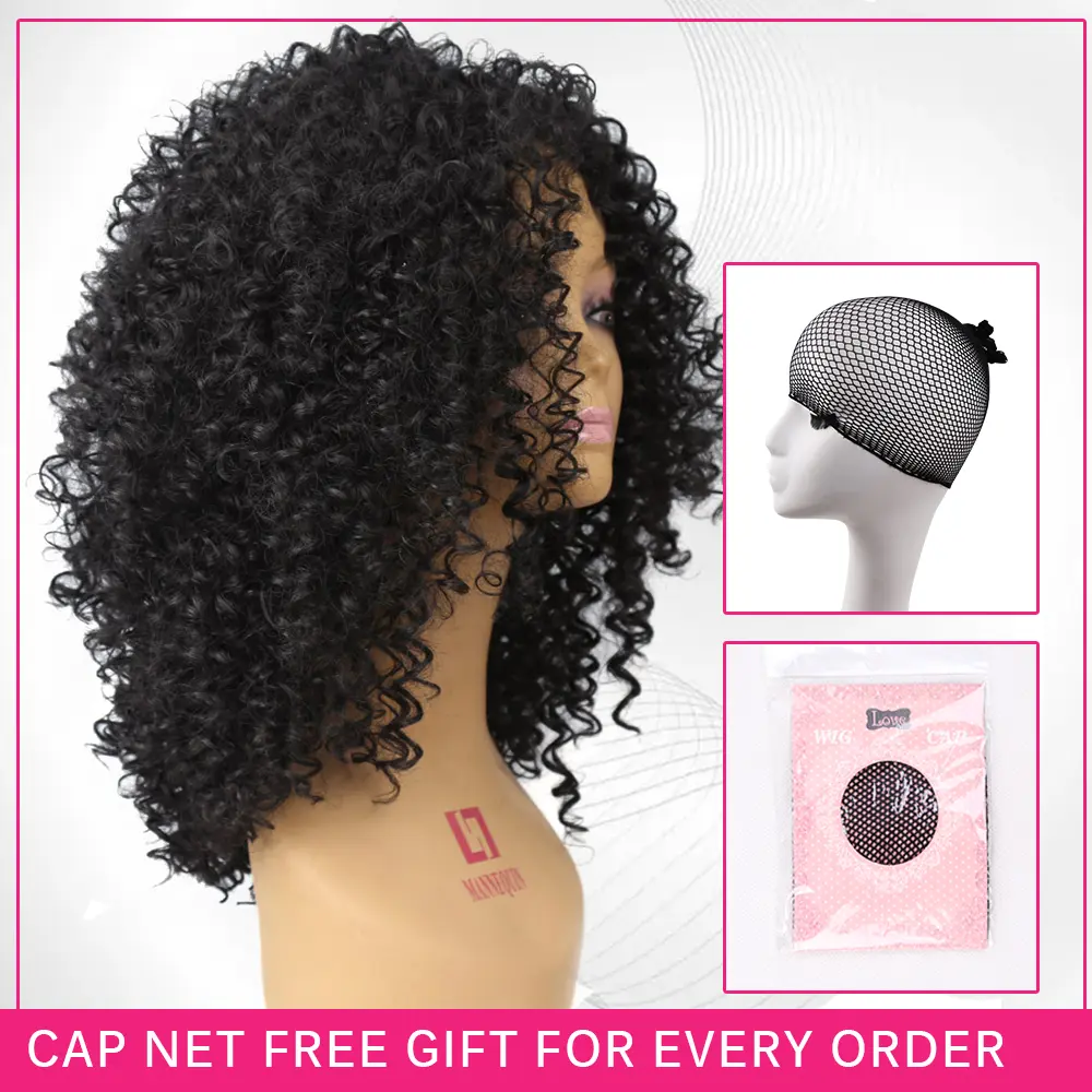 Amir Synthetic Afro Kinky Curly Wig for Black Women With Bangs Medium length Hair Black Wigs Brown American African Cosplay