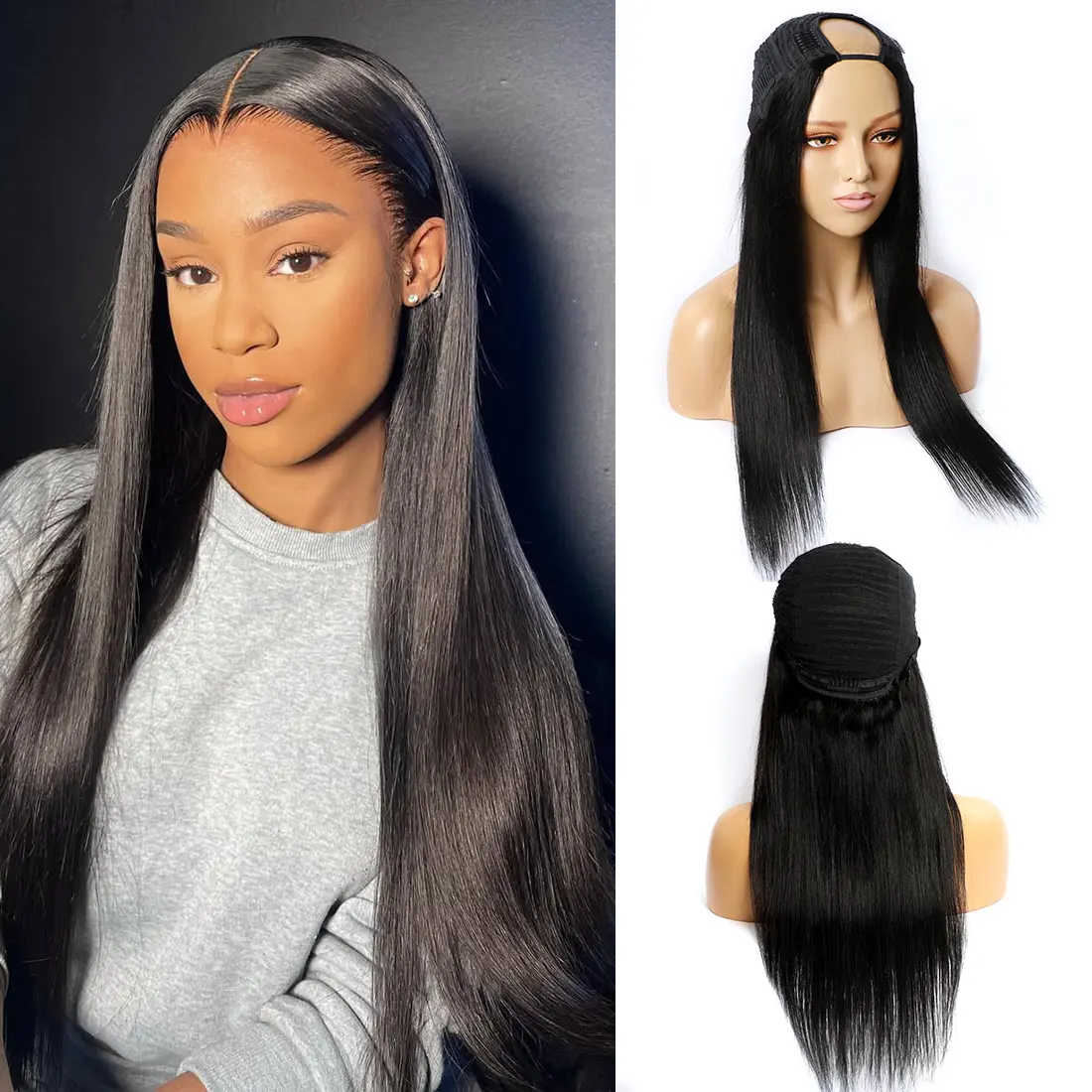 Straight U Part Human Hair Wig 150% Density Brazilian Remy Long Hair For Black Women Middle Part