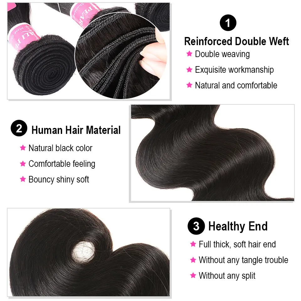 Ali Pearl Hair Body Wave Brazilian Hair Weave Bundles 100% Human Hair 3 and 4 Bundles Natural Color Remy Hair Extension