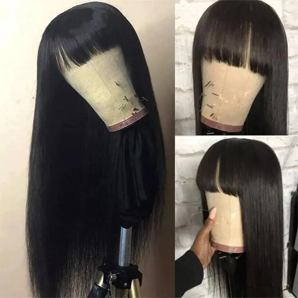 Straight Wigs Human Hair with Bangs 180% Density Brazilian Virgin Human Hair Wigs Glueless Bangs Wigs