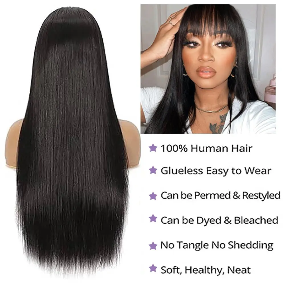 Straight Wigs Human Hair with Bangs 180% Density Brazilian Virgin Human Hair Wigs Glueless Bangs Wigs