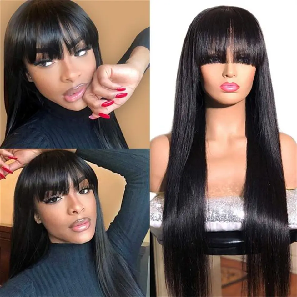Straight Wigs Human Hair with Bangs 180% Density Brazilian Virgin Human Hair Wigs Glueless Bangs Wigs