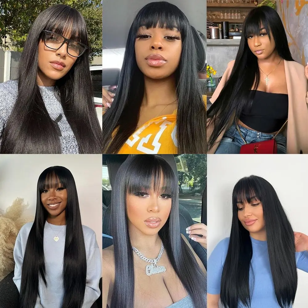 Straight Wigs Human Hair with Bangs 180% Density Brazilian Virgin Human Hair Wigs Glueless Bangs Wigs