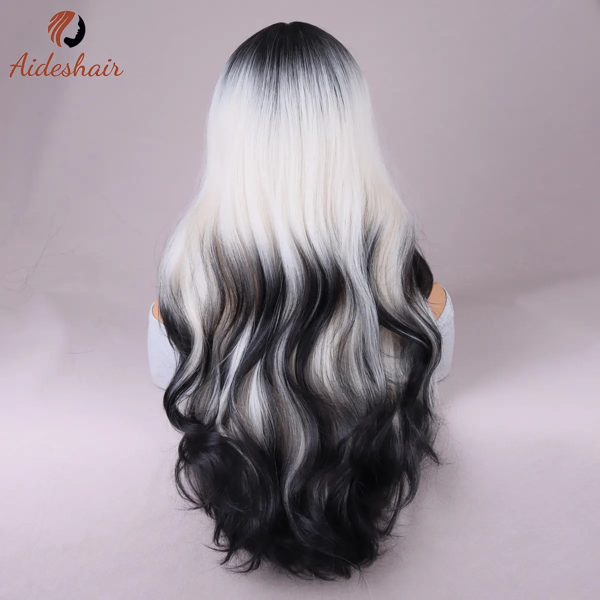 Black and white prominent bangs long wave wig Women curl Wave synthetic heat-resistant fiber wig for everyday party use