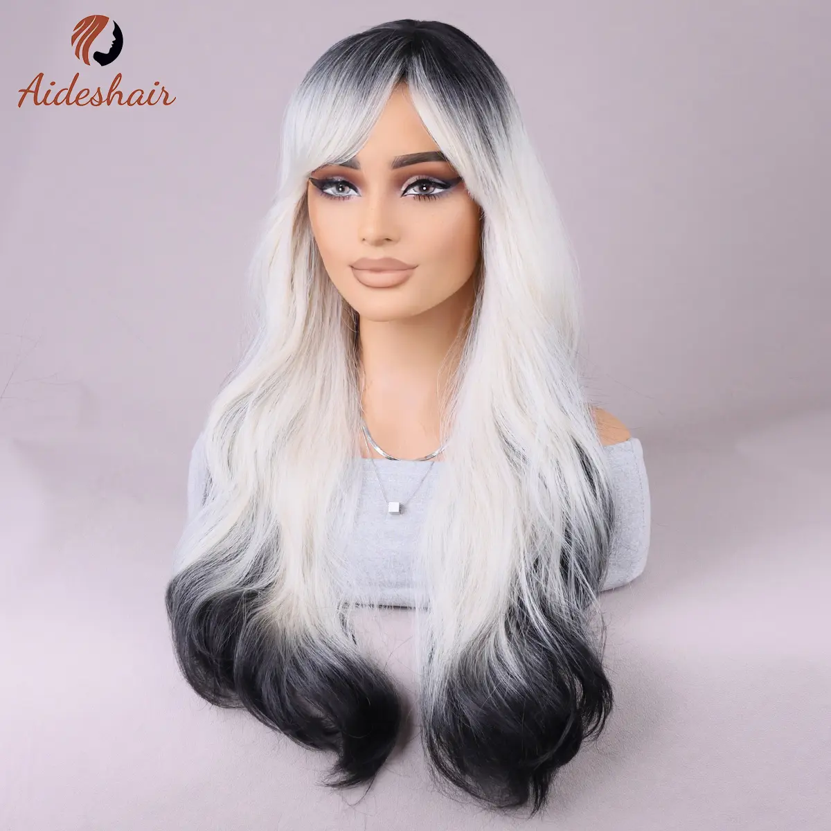 Black and white prominent bangs long wave wig Women curl Wave synthetic heat-resistant fiber wig for everyday party use