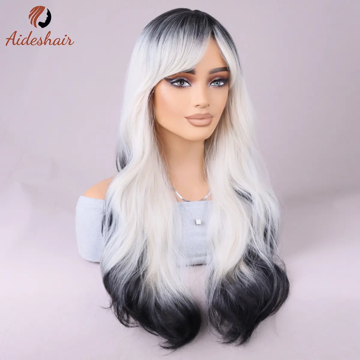 Black and white prominent bangs long wave wig Women curl Wave synthetic heat-resistant fiber wig for everyday party use
