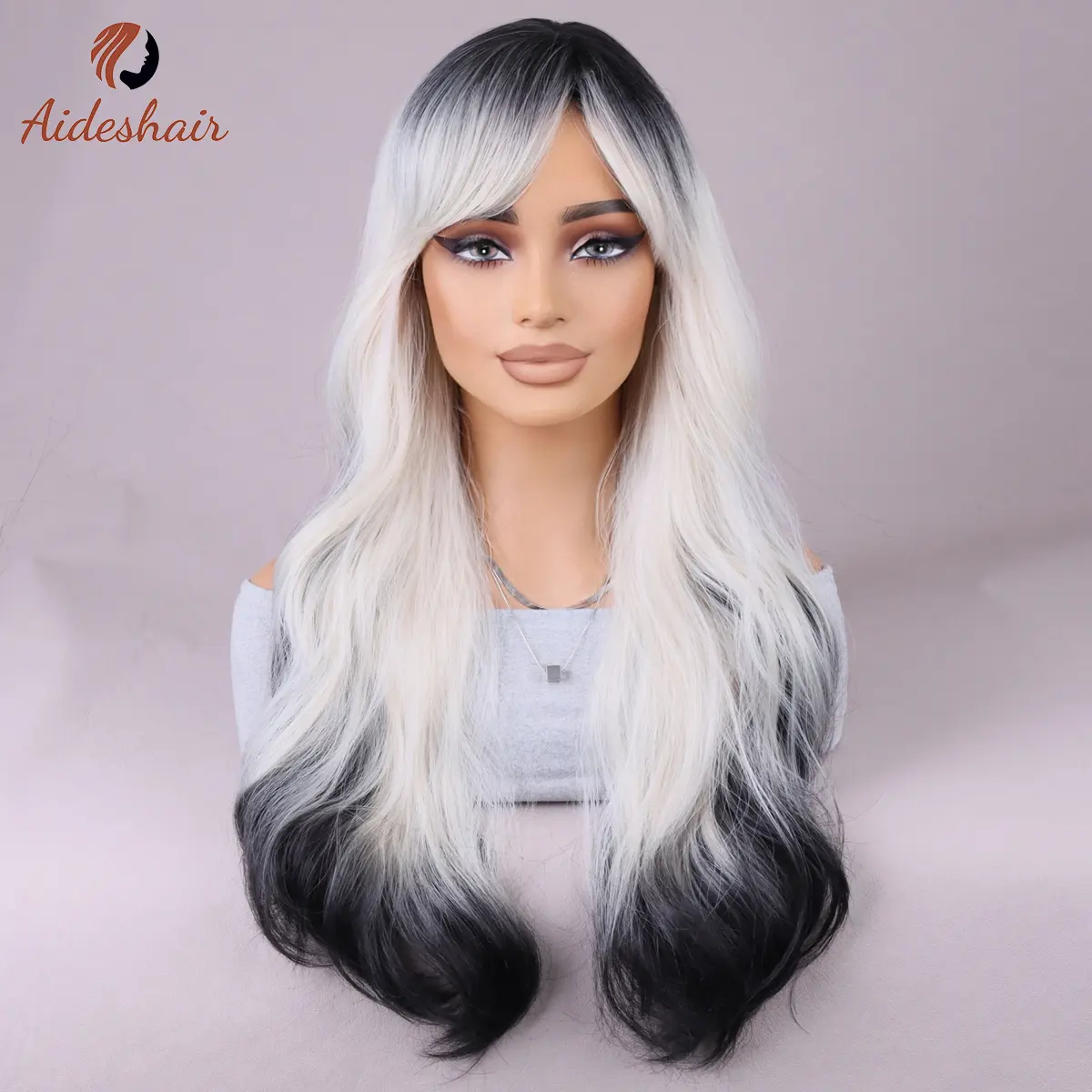 Black and white prominent bangs long wave wig Women curl Wave synthetic heat-resistant fiber wig for everyday party use