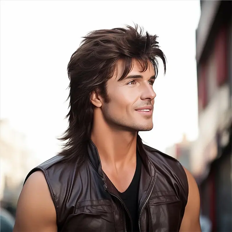 HAIRJOY Synthetic Hair Mullet Wig Adult Funny Wigs for Men Pop Rock Wig Joe Dirt Wig for 70s 80s Wig Brown Synthetic Wigs