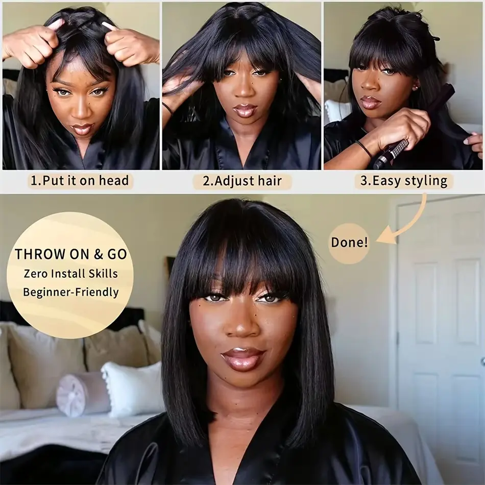 34 Inch 3X1 Middle Part Lace Wig Straight Human Hair Wigs With Bangs Brazilian Full Machine Made 100% Human Hair Wigs For Women