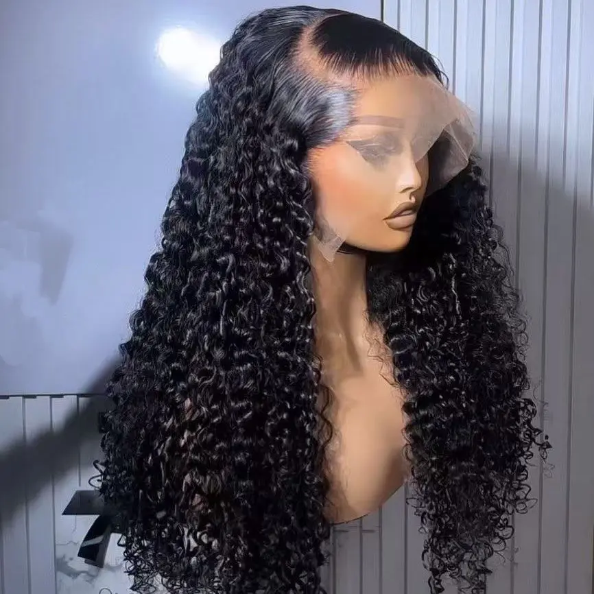 Long Deep Wave Black Color Synthetic 13X4 HD Lace Frontal Wig For Black Women Prepucked Bleach Knots Glueless Wig Daily Party
