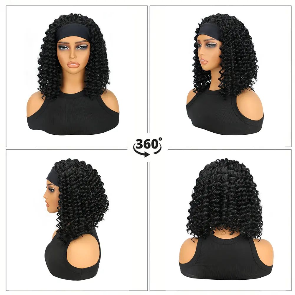 Short Gray Wigs with Headbands 12 Inch Headband Curly Wig for Women Attached Synthetic Afro Wig Head Band Wig Half Wigs