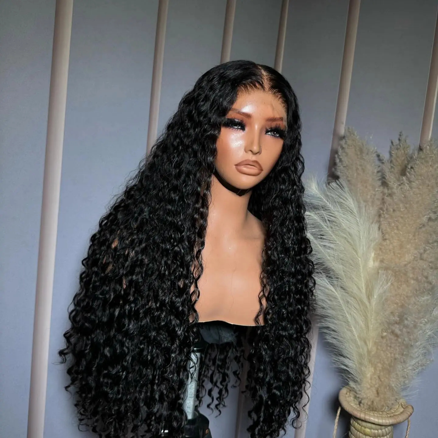 Long Deep Wave Black Color Synthetic 13X4 HD Lace Frontal Wig For Black Women Prepucked Bleach Knots Glueless Wig Daily Party